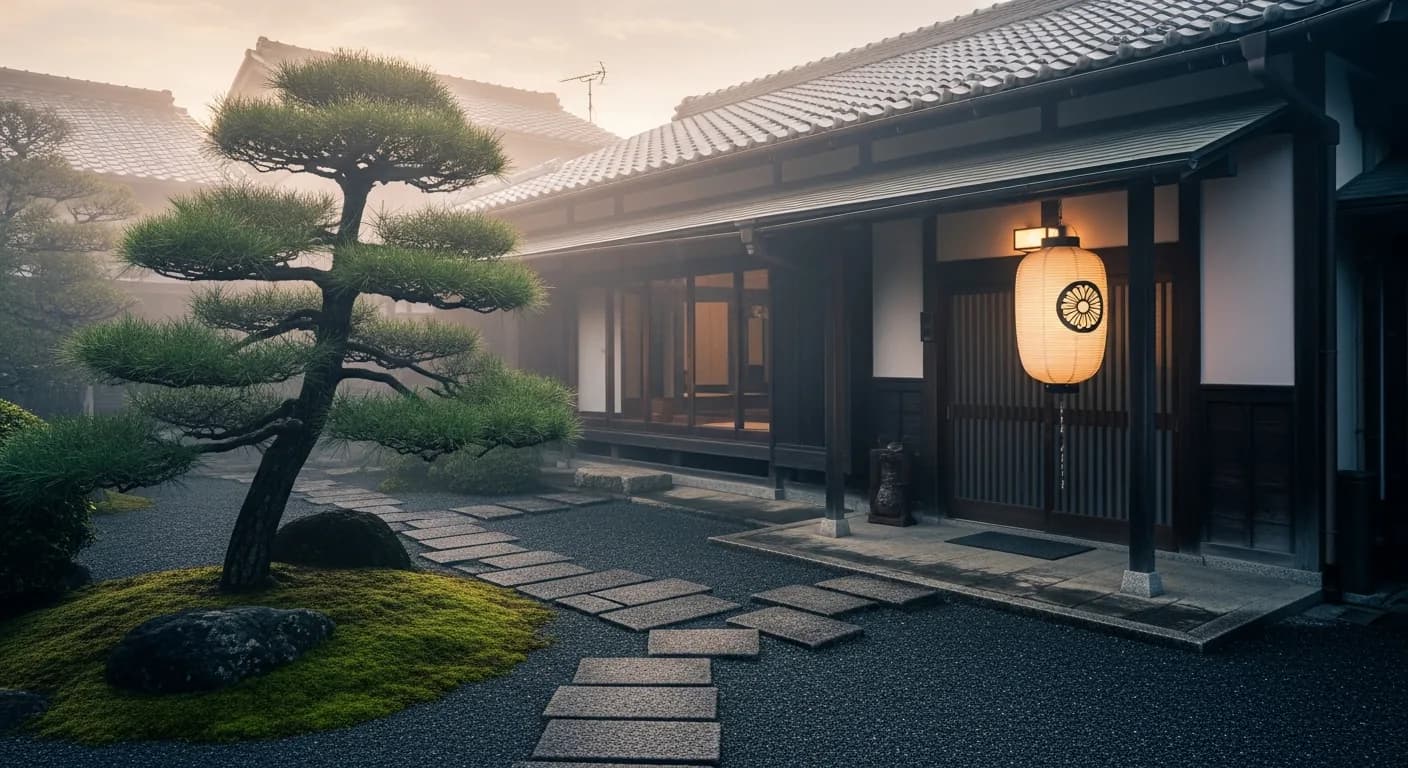朝霧の日本家屋の外観