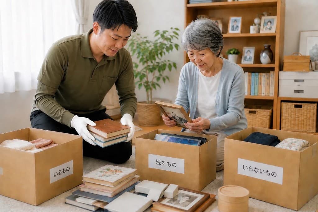 スタッフとご本人がいるもの・残すもの・いらないものに仕分ける様子