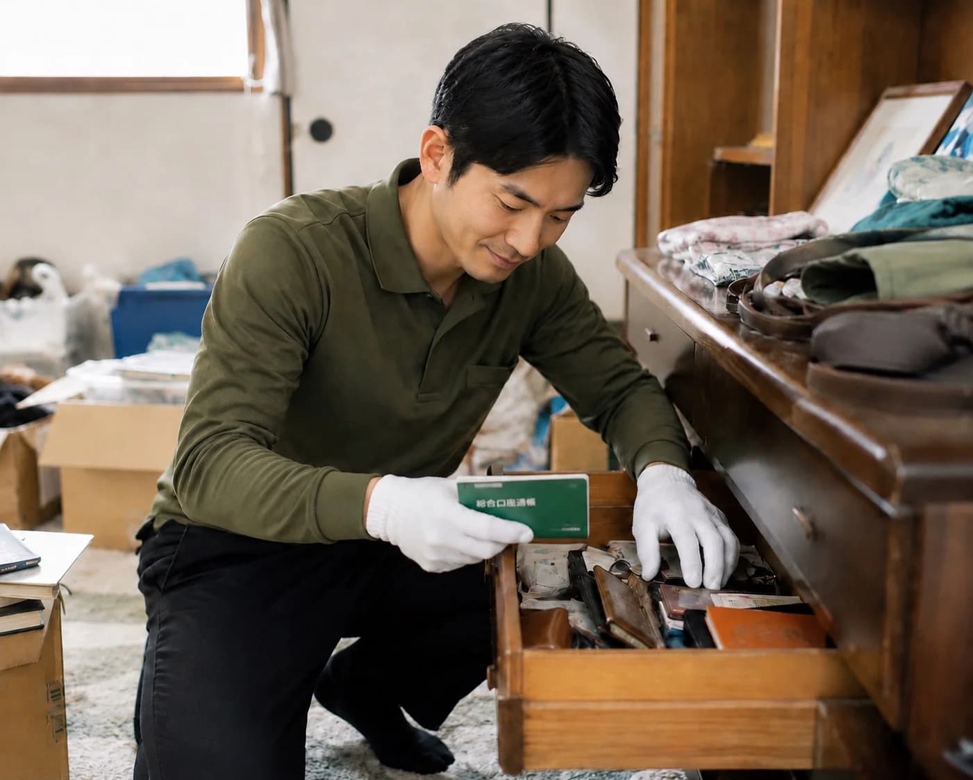 タンスの中から貴重品を探索する作業員