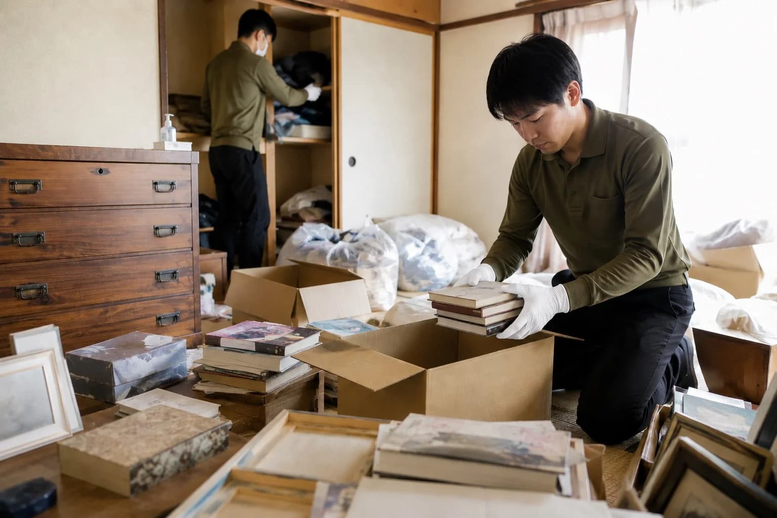 白い布で形見の品を丁寧に包む作業員の手元