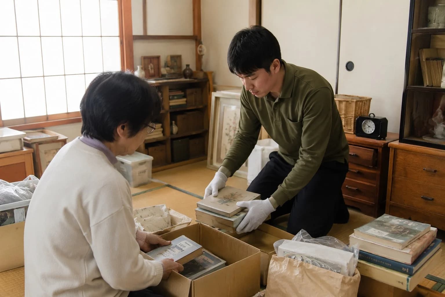 スタッフとご本人がいるもの・残すもの・いらないものに仕分ける様子